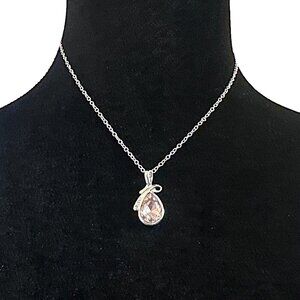 Pink Tear Drop Pendant Necklace Crystal Accent Silver Tone Adjustable Length